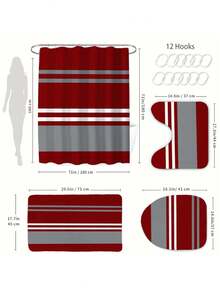 4pcs Minimalist Striped Shower Curtain Set - Includes Fabric Shower Curtain, Bath Mat, U-Shaped Mat, Toilet Lid Cover, European Minimalist Red & Gray Stripes - Multicolor - View 9