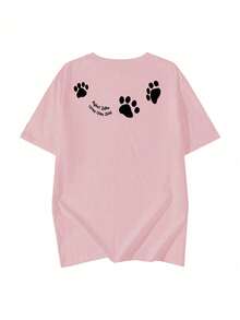 Japanese Style Women's Loose Casual Round Neck Letter & Puppy Print Short Sleeve T-Shirt, Versatile For Spring/Summer Pink - Pink - View 4