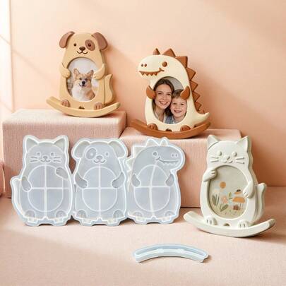 跷跷板动物相框树脂硅胶模具，猫咪环氧树脂模具，DIY家居装饰石膏摆件模具，小狗恐龙环氧树脂相框硅胶模具