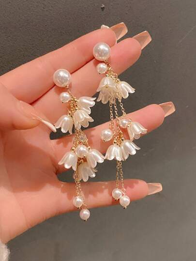 Elegant Pearl Flower Tassel Drop Earrings Vintage Gold Floral Dangle Earrings For Women Wedding Jewelry