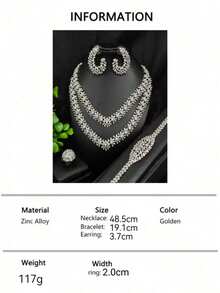1 Set de Joyería de Lujo para Mujer con Tono Plateado de Cobre y Cristales Rhinestone, 4 piezas Collar, Aretes, Pulsera, Anillo, Adecuado para Novia de Medio Oriente Dubai, Europa, África, Boda, Fiesta, Día de San Valentín, Día de la Madre, Regalo de Vacaciones - Plateado - Ver 6