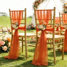 Set de 16 piezas Faja romántica para silla de boda, decoración de moño de tela de gasa larga, 20*275cm/7.8*108in, decoración para pasillo de boda, ceremonia, salón de banquetes, iglesia, fiesta, restaurante, decoración al aire libre - Naranja Quemada - Ver 1