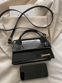 女士手提包，时尚亮面翻盖小方包，多功能通勤单肩包 - 黑色 - 查看 3