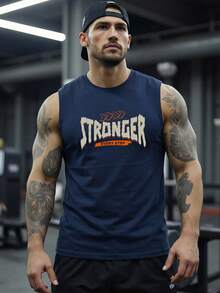 励志健身文字印花背心，男士休闲无袖圆领衫，美式运动街头服饰 - 藏蓝色 - 查看 2