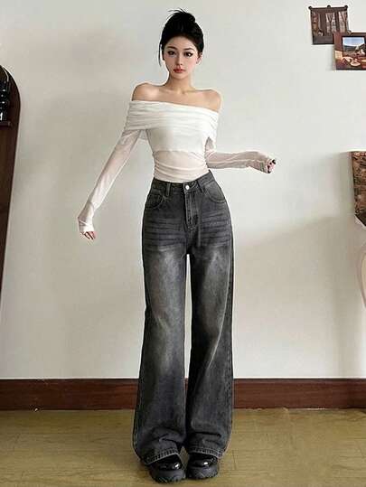 ג'ינס נשים בגזרה בינונית בסגנון רטרו אמריקאי גזרה צמודה באורך קרסול עם רגל ישרה