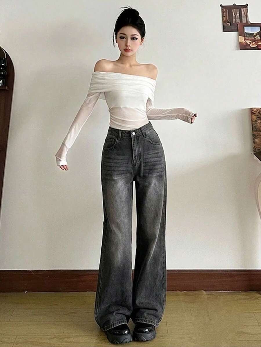 Jeans rectos de tiro medio con ajuste holgado y estilo retro americano para mujer - Gris - Ver 1