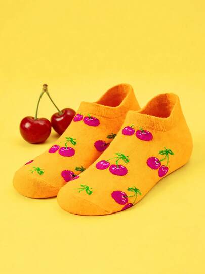 1 Pair Women's Cute Cherry Fruit Print Shallow Mouth Short Socks, Yellow Sweet Boat Socks, Fashionable And Comfortable Short Socks With Girly Vibe