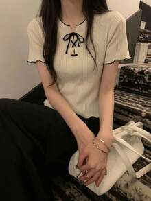 Summer Color-Blocked Slim-Fit Tie Neckline Women's Short-Sleeved Knit Top With Ruffled Trim - Apricot - View 3