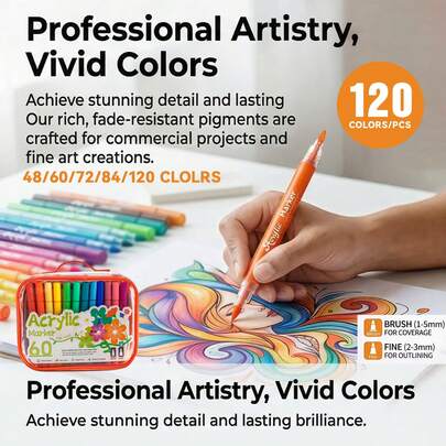 48-120色双头丙烯马克笔套装，软硬双头设计，适用于涂色和绘画，易于清洗，学生艺术绘画DIY涂鸦水彩笔套装，带便携收纳盒
