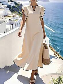 1 件女士撞色滚边荷叶袖 V 领连衣裙，休闲宽松度假沙滩裙，适合办公室、度假、居家、日常穿着、节日庆典，四季皆宜夏季 - 杏色 - 查看 10