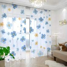 2pcs/Set New Fresh Blue And Yellow Floral Sheer Curtains, Suitable For Gifts And Wedding Decor, Fit For Bedroom, Living Room, Kitchen, Cafe, Dining Room, Balcony And Partition Space. Ideal For Christmas And New Year Holiday Decoration, Elegant Home Decor All Season, Available In Multiple Sizes - Multicolor - View 2