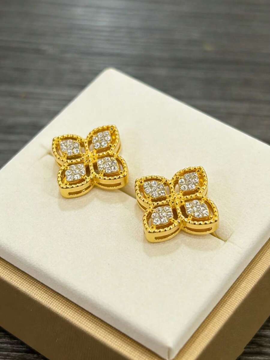 1对经典欧美风格四叶花耳钉 - 彩色 - 查看 1