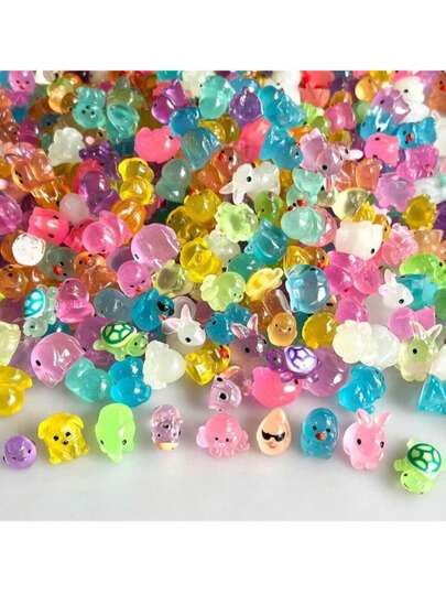 24/32/50/100pcs Glow-In-The-Dark Figurine Decor, Mixed Luminous Mini Ornaments, Glowing Resin Miniature Doll Set, Summer/School Theme