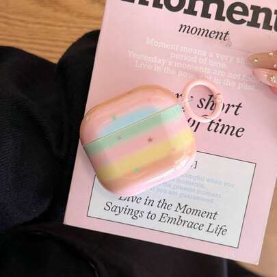 Colorful Striped Star + Circle Earphone Case Compatible With Apple Pro3/Pro2/4/3/2, Fashionable Women Earphone Case, Minimalist Earphone Case