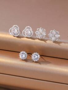 3pcs/Set Elegant Rhinestone Flower & Square Stud Earrings, Versatile For Daily, Work, And Party Wear - Multicolor - View 1