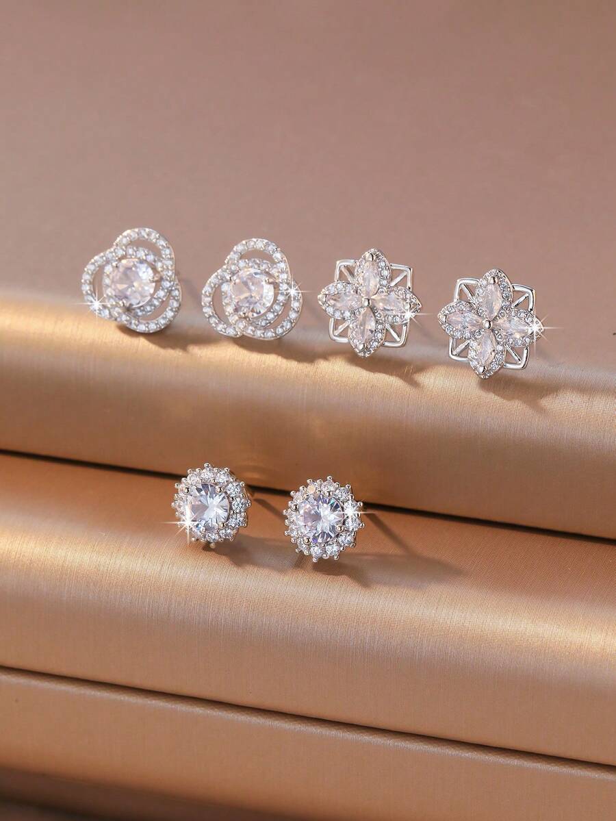 3pcs/Set Elegant Rhinestone Flower & Square Stud Earrings, Versatile For Daily, Work, And Party Wear - Multicolor - View 1
