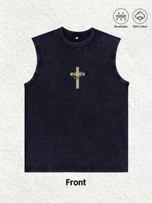Men's  Printed Vintage Washed Vest,Sleeveless Printed T-Shirt, Featuring A "Jesus With A Crown Of Thorns," Is  Y2K Style Street Fashion Men's Washed Vest, Vintage Design. The Front Features A Cross Adorned With A Crown Of Thorns, While The Back Displays An Artistic Portrait Of Jesus Wearing The Crown. Made From Highly Breathable 100% Cotton, Round Neck Short-Sleeved Casual T-Shirt.This Vest Is Ideal For Easter Celebrations, Church Events, Or Everyday Wear, Adding A Touch Of Religious And Nostalgic Charm To Your Outfit. This Men's Crew Neck Printed Casual Vest Makes A Great Gift For Friends And Family. 100% Cotton T-Shirt, Stylish And Youthful Design. Unisex Graphic Summer Short-Sleeved T-Shirt, Back-To-School Essential | Couple Gift | Holiday Gift | Easter Gift - 黑色 - 查看 3