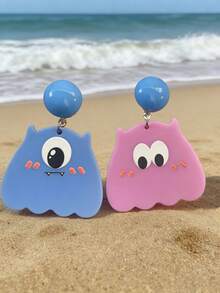 1对2件装可爱不对称耳环，绿色球形耳钉，粉色和蓝色卡通怪兽设计耳环，适合女性日常佩戴、派对、礼物 - 彩色 - 查看 1