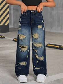 少女休闲海军蓝猫须做旧直筒牛仔裤 - 深色水洗藍 - 查看 1