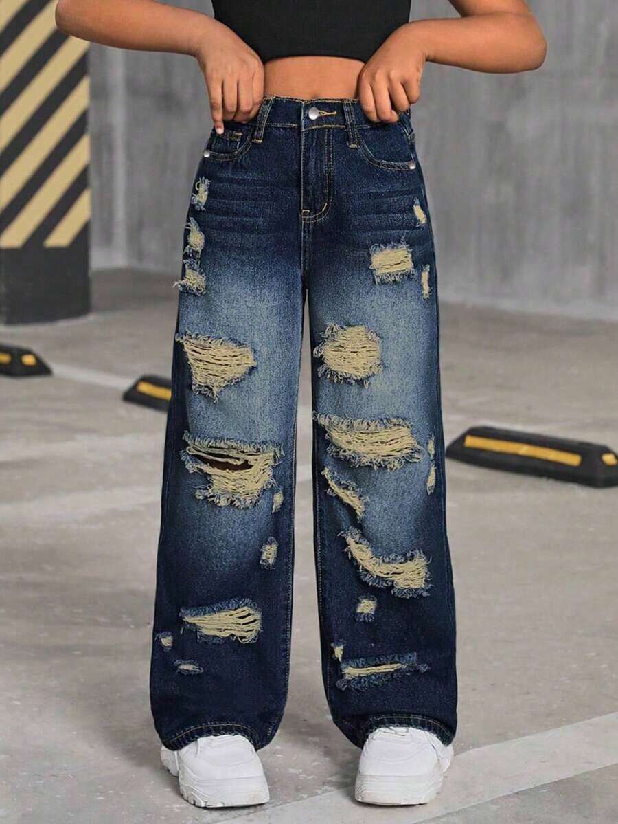 少女休闲海军蓝猫须做旧直筒牛仔裤 - 深色水洗藍 - 查看 1