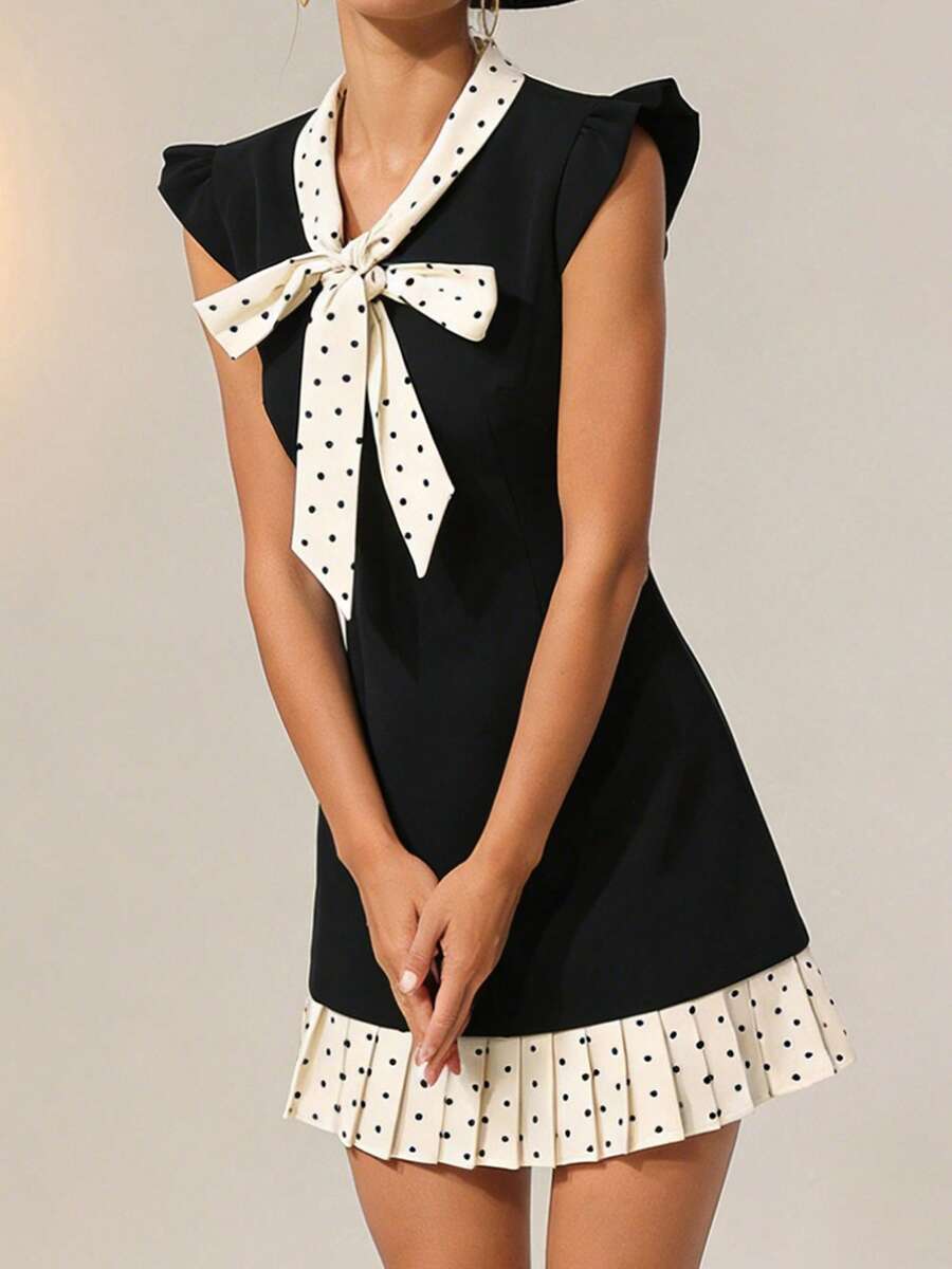 Women's Dot Patchwork Mini Dress Summer Fashionable Flying Sleeve V Neck Pleated Hem Dress - Black - View 1