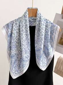 1条时尚佩斯利印花70厘米方形缎面围巾，女士披肩领巾头巾，带花卉图案 - 淡藍色腰果 - 查看 4