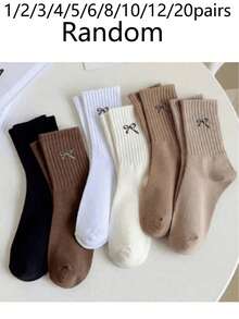 1/3/5/10双装随机女士蝴蝶结设计舒适透气加厚袜子，有趣独特的秋冬礼物之选 - 中筒襪 - 查看 10