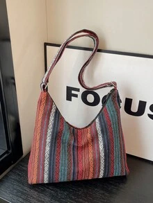 Túi đeo chéo bằng cotton màu trơn đa năng mới, túi baguette tối giản phong cách thường ngày với sọc màu tương phản, túi xô cỡ lớn. - Đỏ - Xem 1