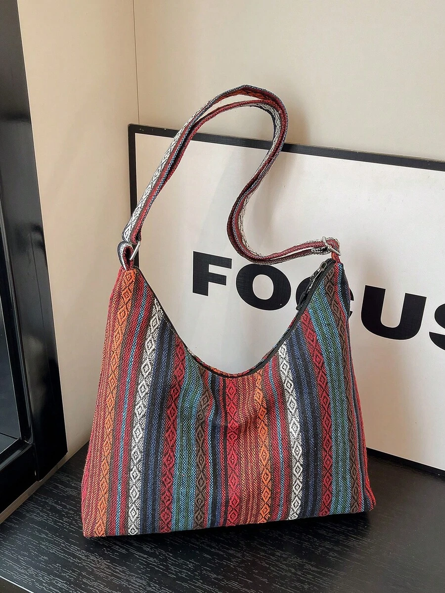 Túi đeo chéo bằng cotton màu trơn đa năng mới, túi baguette tối giản phong cách thường ngày với sọc màu tương phản, túi xô cỡ lớn. - Đỏ - Xem 1