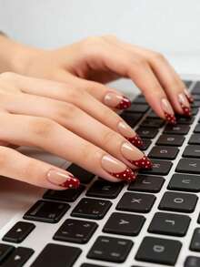 10片手工制作的短款杏仁形红色法式白色波点假指甲，可爱、简约、时尚、高端 - 彩色 - 查看 2