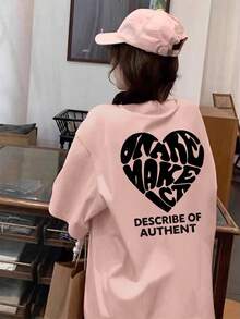 女士休闲圆领宽松字母爱心印花短袖T恤，春夏粉色 - 粉色 - 查看 3