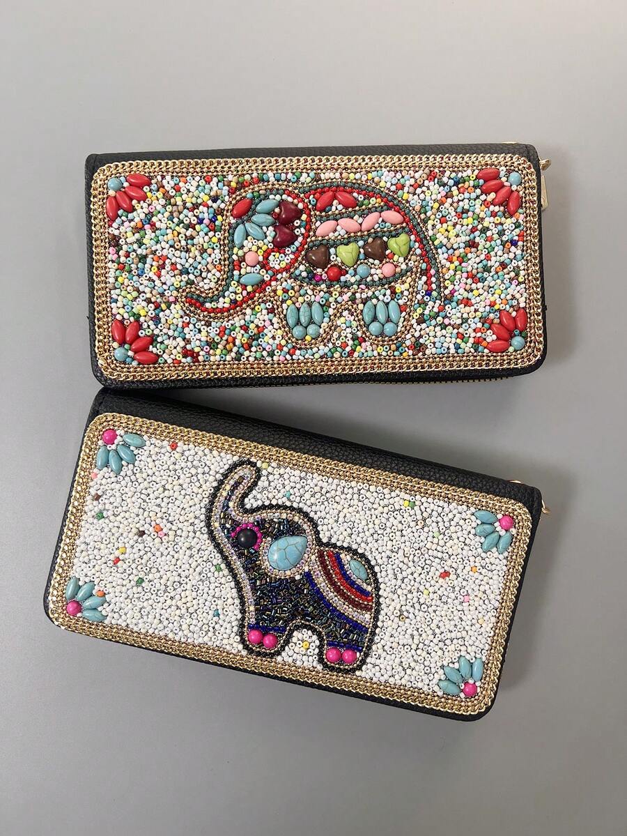 Cartera larga para mujer, artesanía con cuentas brillantes que se puede usar como un bolso de noche, gran capacidad para guardar teléfono, dinero, llaves y otros artículos pequeños, múltiples ranuras para tarjetas para organizar diferentes tarjetas, material de PU de alta calidad con tacto suave, cartera larga con un exquisito patrón de elefante con cuentas que muestra una calidad premium