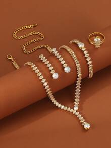 5pcs/Set Girls Necklace Bracelet Earrings Ring Jewelry Set, Fashionable Elegant Luxury Accessories Suitable For Weddings, Daily Decoration - Gold - View 4