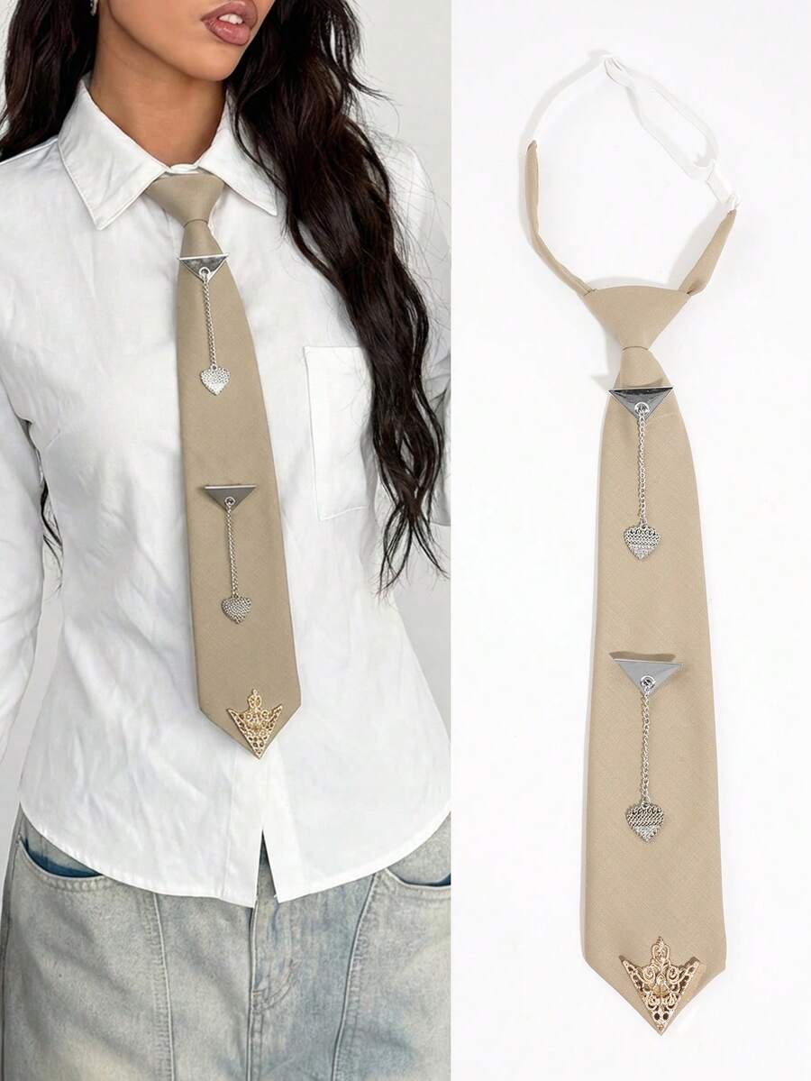 1 pieza Corbata de mujer de moda casual con decoración geométrica de metal ajustable, adecuada para uso diario, casual, salidas, citas, fiestas, compras, festivales, viajes - Multicolor - Ver 1