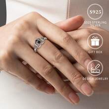 S925纯银黑玛瑙女士戒指，凯尔特结月亮图案，礼品 - 銀色 - 查看 4