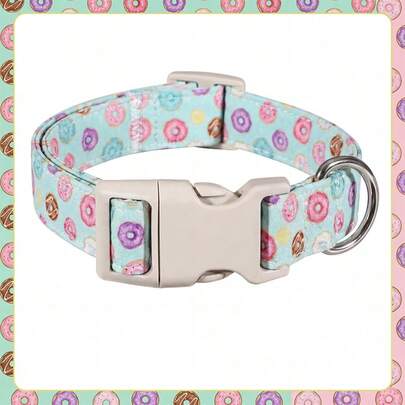 Vòng cổ cho thú cưng có thể điều chỉnh, họa tiết hình bánh donut nhiều màu sắc, khóa màu be và vòng chữ D màu bạc, phù hợp cho chó nhỏ đến trung bình - Màu xanh dương