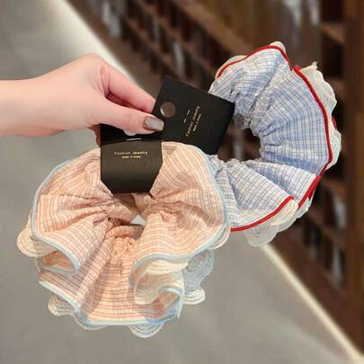 1pc French Sweet & Gentle Plaid Ruffle Hair Scrunchie, Elegant High-End Hair Accessory For Women