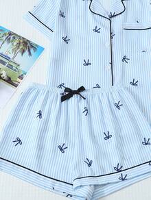 Striped Bow Print Pajama Set Sweet Cute Lapel Button-Up Top And Bow Shorts Women's Sleepwear And Loungewear - Blue - View 5