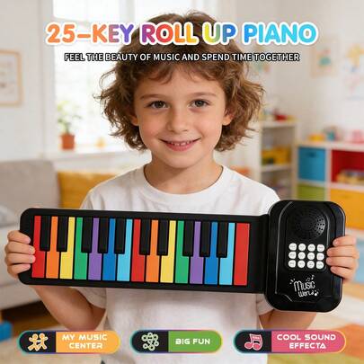 UINLE Baby 1pc Multifunctional 25-Key Rainbow Hand Roll Piano/Hand Drum, Includes Various Sound Tones, Rhythms And Recording Functions, Waterproof Keys For Easy Cleaning, Cultivates Children's Rhythm And Music Perception, Suitable For Parent-Child Interaction And Party Gatherings As An Educational Toy