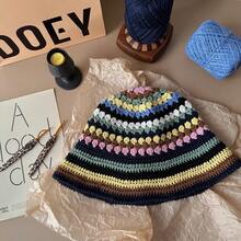 Women's Handmade Crochet Hollow Out Fisherman Hat Colorful Cute Color Block Korean Fashion Bucket Hat - 5 - 查看 6