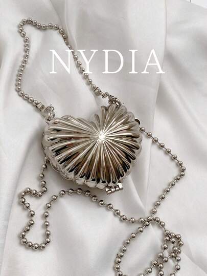 1PC Silver Pleated Heart-Shaped Mini Crossbody Bag, Y2K Style Metal Chain Lipstick Bag, Vintage Shiny Mini Shoulder Bag For Women Party Daily