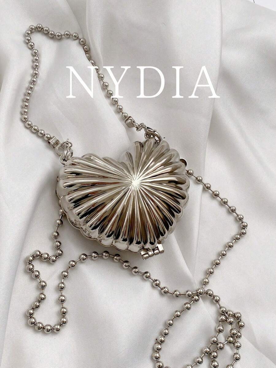 1pc Silver Pleated Heart-Shaped Mini Crossbody Bag, Y2K Style Metal Chain Lipstick Bag, Retro Shiny Mini Women Shoulder Bag, Suitable For Party & Daily Wear