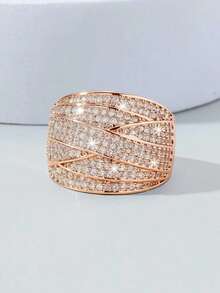 1 pieza Anillo de lujo de moda casual de alta gama con línea ancha cruzada y multicapa de circonita cúbica, adecuado para fiestas, uso diario y como regalo - Líneas anchas que se cruzan - Ver 3