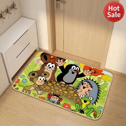 1PC Little Mole Door Mat-Bright Cartoon Design With Olive Green Background, Machine Washable Polyester Fiber, Non-Slip Entrance Carpet, Suitable For Indoor/Outdoor Use, Indoor Entrance Mat Playful Home Decoration Non-Slip Mat, Bathroom Carpet, Mother's Day Holiday Gift,Garden,Room Decor,Home Decor