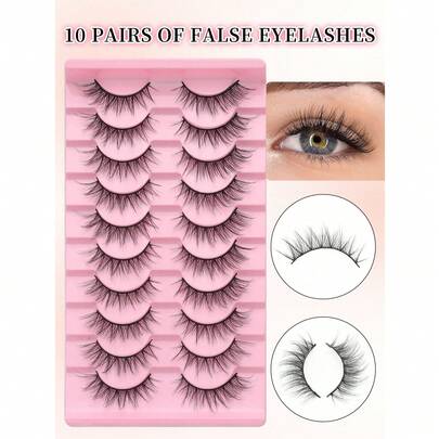 10对漫画风格轻盈自然水润感假睫毛，嫁接效果仿貂毛假睫毛，透明梗，Y2K风格，3D蓬松长款猫眼妆，自然浓密，打造迷人双眸，美妆工具