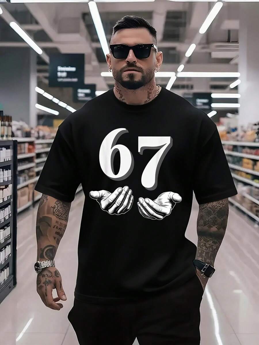 Six Seven 6 7 Men's Graphic T-Shirt - Design With The Number 67 And Thumbs Up, And Casual Short-Sleeved T-Shirt With A Street Style Crew Neck, Comfortable And Regular Fit, Suitable For Men. Men's 67 Short-Sleeved T-Shirts, Men's Printed T-Shirts, Men's 2D T-Shirts, T Shirts, Tshirt Homme. - 黑色 - 查看 1