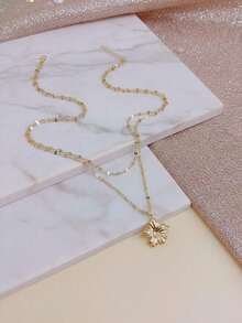 1pc Stainless Steel 18K Gold Plated Double Layer Floral Pendant Necklace, Elegant & Versatile Daily Decoration For Women ZBLY - Gold - 查看 7