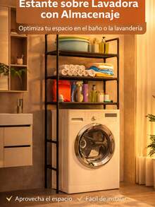 Estante metal 4 niveles sin taladrar para lavadora inodoro baño negro ahorra espacio - Negro - Ver 2