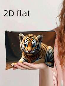 1个可爱动物音乐艺术印花洗漱包，金色链条老虎、快乐水獭、虎斑小猫图案，印有“生活因魔法而更美好”的音符图案，便携式旅行收纳化妆包，学生文具包 - 彩色 - 查看 5