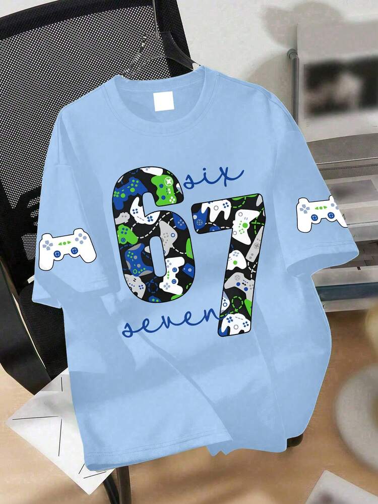 Áo thun oversize phong cách gaming cho nam thiếu niên, in hình tay cầm chơi game, điểm nhấn số "67" & slogan viết tay, áo tay ngắn dáng rộng, phù hợp mặc thường ngày thoải mái - Màu xanh nhạt - Xem 1